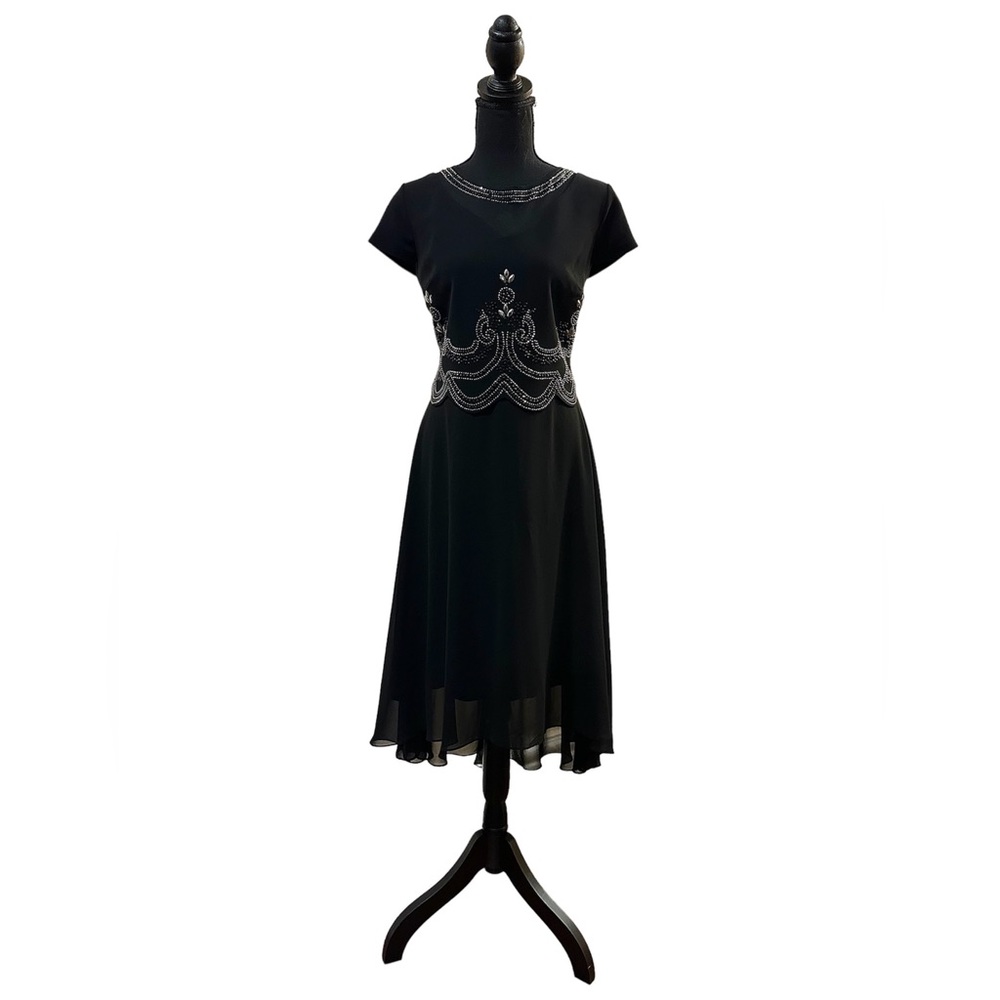 Black Chic Midi Short Sleeve Fully Lined Hi-Low Chiffon Dress With Rhinestones